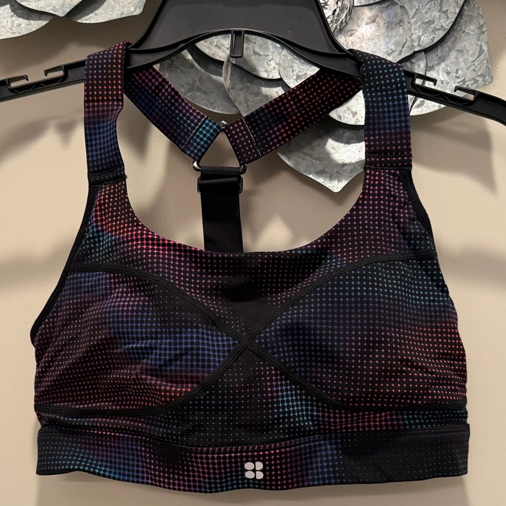 SWEATY BETTY SPORTS BRA GEOMETRIC BLACK ADJUSTABLE LINED SZ M